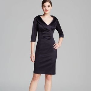 Kay Unger Portrait Black Satin V-Neck Shawl Collared Sheath Evening Dress Size 8